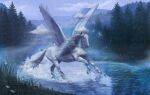 2026 ambiguous_feral ambiguous_gender artist_name beesa blue_eyes detailed_background digital_media_(artwork) digital_painting_(artwork) equid equine feral forest fur galloping hair hasbro hi_res hooves horse krita_(artwork) lake long_mane mammal mane my_little_pony mythological_creature mythological_equine mythology outside paint_tool_sai_(artwork) painting_(artwork) pegasus plant pony pupil quadruped rainbow signature solo splashes tail text tree unguligrade water white_body white_fur white_hair white_mane white_tail white_wings wings