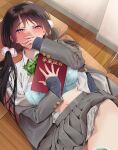  1girl absurdres blue_bra blush book bow bra breasts commentary_request covering_own_mouth desk diploma diploma_folder fur_hair_tie green_bow grey_jacket grey_skirt hair_ornament highres indoors jacket karasuma_yayoi light_particles long_sleeves looking_at_viewer low_twintails lying miniskirt navel on_back on_desk open_clothes original panties panty_pull pleated_skirt purple_eyes school_uniform skirt solo translation_request twintails underwear wooden_floor 