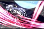  1girl attack attack_trail ayasato_karen black_gloves black_pantyhose blue_eyes blurry blurry_background cherry_blossom_print coat commentary_request eiyuu_densetsu falling_petals feet_out_of_frame fingerless_gloves floating_hair floral_print full_moon gloves hair_over_one_eye half_updo highres holding holding_sheath holding_sword holding_weapon katana kuro_no_kiseki_(series) kuro_no_kiseki_i long_hair long_sidelocks long_sleeves moon night one_eye_covered open_clothes open_coat outdoors pantyhose parted_bangs parted_lips petals pink_petals sheath shizuna_rem_misurugi sidelocks slashing solo swinging_weapon sword weapon white_coat white_hair 
