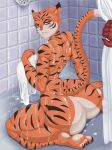 2023 anthro bathing big_breasts big_butt blanic breasts butt claws curtains digital_media_(artwork) disembodied_hand duo felid female hi_res huge_butt looking_back mammal muscular muscular_anthro muscular_female nipples nude pantherine shower_head showering tail thick_thighs tiger towel wide_hips wild_(ionic44)
