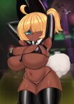 absurd_res accessory ahoge armpit_fetish between_breasts bikini bikini_bottom bikini_top blonde_hair blue_eyes bodily_fluids breasts bunny_costume clothing costume fake_ears female fur hair hair_over_eye hi_res humanoid latex latex_clothing latex_legwear latex_stockings legwear mammal navel necktie nightlycatgirl procyonid raccoon raised_arms reina_(nightlycatgirl) shortstack squish stockings sweat sweatdrop swimwear tan_body tan_fur thong two-piece_swimsuit underwear