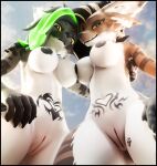 3d_(artwork) absurd_res anthro big_breasts black_border blender_(artwork) border breast_squish breasts deuzear digital_media_(artwork) duo female female/female fur genitals grey_body grey_fur hair hi_res lill_esp looking_at_viewer looking_pleasured low-angle_view markings nipples nude seductive smile squish tattoo vulva wet wet_body wet_fur white_body white_fur womb_tattoo
