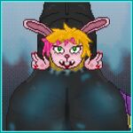 1:1 ahegao anthro balls balls_outline black_balls blonde_hair blue_border bodily_fluids border buckteeth bulge cock_vore colored_nails cum detailed_bulge digital_media_(artwork) double_v_sign duo fangs female genital_fluids genital_outline genitals gesture glowing glowing_cum hair hand_gesture imminent_death imminent_vore lagomorph looking_pleasured machine male male/female mammal milky_rivas milkybun29 nails penile penis pink_body pixel_(artwork) recycle recycling robot robot_anthro synthetic tail teeth unusual_bodily_fluids unusual_cum unusual_genital_fluids v_sign vore
