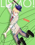  :p blonde_hair blue_eyes boots earrings fingernails hair_ornament hairclip hat highres jewelry jumping kurusu_shou male_focus microphone microphone_stand necktie oka_(a.m.) smile solo tongue tongue_out uta_no_prince-sama 
