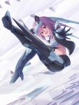  1girl alice_gear_aegis black_jacket breasts commentary_request gloves headgear highres hirasaka_yotsuyu jacket long_hair looking_at_viewer mecha_musume mechanical_legs midriff navel open_clothes open_jacket open_mouth pink_hair purple_eyes purple_hair smile solo tooto_(ryuto333) 