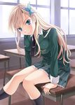  ascot black_legwear blonde_hair blue_eyes boku_wa_tomodachi_ga_sukunai breasts bug butterfly classroom desk hair_ornament highres insect kashiwazaki_sena leaning_forward long_hair looking_at_viewer medium_breasts mukunokino_isshiki on_desk school_desk school_uniform sitting sitting_on_desk skirt smile socks solo st._chronica_academy_uniform table 