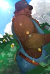 absurd_res anthro arthropod bear bee belt benny_(bennyafterdark) bodily_fluids bucket_hat butt butt_tattoo clothing f_clef flower gardening handkerchief hat headgear headwear hi_res hymenopteran insect kerchief male mammal muscular musical_clef musical_symbol obscured_eyes overalls overalls_only plant siralduyyn slightly_chubby smile smiling_at_viewer solo sweat sweaty_butt symbol tattoo teasing teasing_viewer