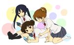  3girls :q all_fours black_hair brown_hair feet handheld_game_console hirasawa_ui k-on! kakari_(peehs) kneeling multiple_girls nakano_azusa nintendo_ds nintendo_ds_lite red_eyes school_uniform short_twintails sitting skirt socks suzuki_jun tongue tongue_out twintails 