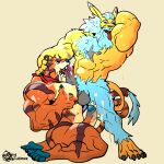 armpit_fetish armpit_lick armpit_play balls bandai_namco barazoku biceps big_penis blue_pawpads bodily_fluids cum cum_on_face digimon digimon_(species) digimon_oc entwined_tails erection felid forearm_muscles frosted_flakes genital_fluids genitals glans kellogg's kerchief kneeling leomon licking lion male mammal mascot muscular nude oral orange_body pantherine pawpads pecjob pecs penis rickleone sex simple_background stripes tail tail_coil tan_background tiger tongue tony_the_tiger
