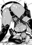  ass breasts cameltoe cum cum_on_ass cum_on_body cum_on_breasts cum_on_upper_body dark_skin elbow_gloves gloves greyscale hijiri huge_breasts monochrome solo t-elos thighhighs top-down_bottom-up underboob xenosaga xenosaga_episode_iii 