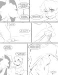 abs absurd_res anthro bed bedroom bodily_fluids clothed clothing clothing_lift comic dialogue duo english_text female furniture generation_9_pokemon genital_fluids hair hi_res human looking_down male mammal meowscarada monochrome nintendo pokemon pokemon_(species) scar shirt smile spicykiwi story sweat text thomas_(spicykiwi) topwear tulip_(spicykiwi) undressing