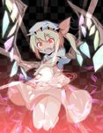  blonde_hair checkered checkered_background fang flandre_scarlet glowing glowing_eyes hakobako hat magic_circle open_mouth outstretched_arm red_eyes short_hair side_ponytail skirt skirt_set solo touhou wide-eyed wings 