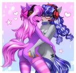 accessory airiniblock anthro anthro_oc blush bow_ribbon breasts butt cinnabyte clothing duo earth earth_pony electronics equid equine eyewear fan_character female female/female footwear glasses gradient_background hair_accessory hair_bow hair_ribbon hasbro headgear headphones headset hi_res horse kiss_on_the_lips kissing lillybit love mammal my_little_pony nipples nude passepartout planet pony pony_oc ribbons simple_background socks stripes