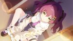  1girl ahoge artist_request black_ribbon black_shoes cleavage_cutout closed_mouth clothing_cutout dutch_angle game_asset green_eyes hair_ornament hair_ribbon jacket jacket_partially_removed kuchiba_rami loose_socks muv-luv muv-luv_girls_garden necktie official_art purple_hair purple_necktie purple_skirt ribbon shirt shoes siino sitting skirt sleeveless sleeveless_shirt sleeves_past_fingers sleeves_past_wrists socks solo thigh_strap third-party_source white_shirt white_socks 