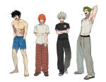 4boys abs arm_up armpits barefoot black_hair black_shirt boxers cross_scar crossed_arms english_commentary full_body glasses green_hair hand_on_own_arm hands_in_pockets kanzaki_kaoru korekishi_eugene male_focus male_underwear midriff_peek multiple_boys nipples orange_hair pants phantom_busters plaid_clothes plaid_male_underwear roadpooo sandals scar scar_across_eye scar_on_face shirt shishikuno_mogari short_hair standing sweatpants tamon_kotarou tank_top toned toned_male tongue tongue_out topless_male underwear white_background white_shirt white_tank_top yawning 