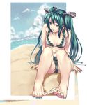  aqua_eyes aqua_hair azuma_ren barefoot beach bikini cloud day face feet hatsune_miku headphones highres legs lipstick long_hair makeup nail_polish outdoors sitting solo swimsuit toenail_polish toes twintails very_long_hair vocaloid 