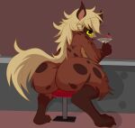 alcohol anthro bar beverage big_butt blonde_hair brown_body butt cocktail ears_up facial_piercing furniture hair hair_over_eyes hi_res hyena looking_back male mammal martini messy_hair nose_piercing nose_ring piercing raised_hand raised_tail ring_piercing simple_background slightly_chubby smile solo spots spread_legs spreading stool tail villegreen whiskers wide_hips