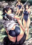  ass bare_legs bare_shoulders barefoot black_eyes black_hair braid breasts brown_eyes brown_hair buruma collarbone competition_swimsuit grin hair_tucking highres large_breasts lips long_hair looking_at_viewer looking_back multiple_girls nagayori nature one-piece_swimsuit open_mouth original pleated_skirt rock school_swimsuit school_uniform scrunchie serafuku shiny shiny_clothes short_hair sitting skin_tight skirt smile soaking_feet sparkle standing swimsuit swimsuit_under_clothes tareme teeth twin_braids twintails undressing unzipped wading water wet 