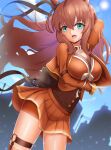  1girl animal_ears arm_up blue_bow blue_eyes blue_sky blush bow breasts brown_hair brown_sailor_collar commentary_request cropped_jacket ear_bow hair_between_eyes horse_ears horse_girl horse_tail jacket large_breasts long_hair long_sleeves looking_at_viewer maruzensky_(formula_r)_(umamusume) maruzensky_(umamusume) open_mouth outdoors pendant_choker red_jacket red_serafuku red_shirt red_shorts red_skirt red_thighhighs sailor_collar sauku school_uniform serafuku shirt shorts shorts_under_skirt skirt sky smile solo tail thigh_strap thighhighs umamusume 