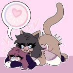 1:1 anthro arm_markings black_hair blue_eyes blush bodily_fluids bratcafe breed brown_body brown_fur brown_hair cum doggystyle domestic_cat duo felid feline felis female freckled_face freckles from_behind_position fur genital_fluids hair heart_shaped_womb heart_symbol hearts_around_head heterochromia hi_res humping lagomorph leporid looking_pleasured male male/female mammal markings melody_(bratcafe) on_top open_mouth pink_background pink_eyes pink_floor rabbit seductive sex simple_background smile sperm_cell spots spotted_markings submissive tan_body tan_fur teeth trans_(lore) trans_woman_(lore) uterus