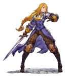  1girl agrias_oaks armor blonde_hair boots braid breastplate brown_boots brown_eyes brown_gloves brown_pants closed_mouth commentary corset dojen english_commentary final_fantasy final_fantasy_tactics gloves hand_up highres holding holding_sword holding_weapon knee_armor knight long_hair long_sleeves looking_ahead narrowed_eyes pants shoulder_armor simple_background solo standing sword waist_cape weapon white_background 