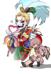  1boy 2girls black_boots blonde_hair boots bow bowtie brown_hair brown_shoes cardigan clown commentary_request dissidia_duellum_final_fantasy dissidia_final_fantasy earrings facepaint final_fantasy final_fantasy_vi final_fantasy_xiii fingernails grey_skirt hair_bow heart holding holding_wand jacket jewelry kefka_palazzo lightning_farron lightning_farron_(modern_jacket) long_hair makeup multiple_girls occultuun official_alternate_costume one_eye_closed pink_cardigan pink_hair pointing pointing_at_viewer ponytail red_bow red_bowtie sharp_fingernails shoes simple_background skirt terra_branford terra_branford_(school_cardigan) unconscious wand white_background white_jacket 
