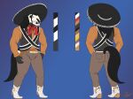 absurd_res anthro bandolier belt black_body black_fur black_hair bone boots bottomwear bullet clothed clothed_anthro clothed_male clothing color_swatch cowboy_boots death_(personification) equid equine facial_hair fangs footwear fur glowing glowing_eyes goatee gradient_background grim_reaper hair hat headgear headwear hi_res horse irc_(artist) kerchief long_hair male mammal model_sheet mustache neckerchief neckwear pants pistol_holster sharp_teeth shoes signature simple_background skull skull_head solo sombrero teeth topwear undead vest