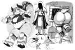 2026 ambiguous_gender anthro big_breasts big_butt biped breasts butt claws cloak clothing digital_media_(artwork) duo faceless_ambiguous faceless_character faceless_human female finger_claws gesture greyscale hair hair_over_eye hammer hand_gesture hi_res holding_hammer holding_object holding_tool hood horn human iriedono kobold larger_human mammal monochrome navel non-mammal_breasts non-mammal_hair non-mammal_navel scalie shortstack shortstack_female size_difference smaller_anthro smile stuck thick_thighs toe_claws tools v_sign wide_hips
