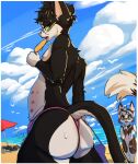 absurd_res ahoge anthro beach beach_umbrella belly_blush belly_nipples black_body black_fur blush bodily_fluids body_blush brown_body brown_ear_tips brown_fur butt clothed clothing cloud dipstick_ears domestic_cat durgindoes ear_markings eyewear felid feline felis flustered food fur glasses green_eyes group hair hi_res holding_bag humanoid_hands looking_at_another looking_at_viewer looking_down looking_down_at_viewer low-angle_view male mammal markings multi_nipple multicolored_ears navel nipples outside parasol pink_clothing pink_inner_ear pink_nipples pink_nose pink_swimwear pink_tongue popsicle popsicle_in_mouth popsicle_melting rectangular_glasses sand solo_focus standing sweat sweaty_butt swimwear tail thin_tail tongue tongue_out topless topless_anthro topless_male trio white_body white_fur