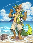 aloha_shirt anthro banana beach bottomwear bovid_horn brown_body brown_fur caprine_horn clothing cloud contrail digitigrade elemental_creature flora_fauna food fruit fur furred_kobold furred_scalie gesture grass_hair hand_gesture hi_res horn hybrid kalei_(hydro19) kobold leaf leaf_tail male open_mouth open_smile pattern_clothing pattern_shirt pattern_topwear plant ram_horn sand scalie sea shaka_sign shell_necklace shirt shore shorts smile solo taffry tail topwear unbuttoned_shirt water wave