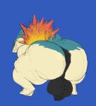 2026 anthro anus balls big_anus big_balls big_butt black_anus black_balls blue_background blue_body butt crouching digital_drawing_(artwork) digital_media_(artwork) fangs fur generation_2_pokemon genitals grin hi_res huge_anus huge_balls huge_butt hunched_over male multicolored_body multicolored_fur nauiho nintendo pokemon pokemon_(species) red_eyes simple_background smile smug smug_grin solo teeth two_tone_body two_tone_fur typhlosion yellow_body