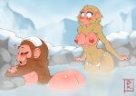 2019 absurd_res anthro artist_initials bare_butt bikini bikini_bottom blunt-katana blush breasts butt clothing duo female female/female female_anthro glistening glistening_breasts glistening_butt hairless_butt hairless_hands haplorhine heart_symbol hi_res hot_spring japanese_macaque macaque mammal monkey mountain nipples old_world_monkey partially_submerged primate rock side_boob signature snow swimwear tailless towel towel_on_head two-piece_swimsuit water wet wide_hips