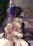  1girl alice_(tales) bad_id bad_pixiv_id bed couple decus gloves hetero hyakuhachi_(over3) leaning_forward long_hair lying on_back orange_eyes ponytail purple_hair silver_hair tales_of_(series) tales_of_symphonia tales_of_symphonia_knight_of_ratatosk waking_up 