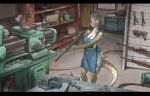 5_fingers absurd_res anthro assault_rifle biped blue_eyes breasts ewgengster female fingers gun handgun hi_res inside lathe lizard non-mammal_breasts ranged_weapon reptile rifle scales scalie solo tan_body tan_scales weapon workshop yellow_body yellow_scales