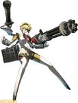  aegis_(persona) blonde_hair blue_eyes fighting_stance gatling_gun gun huge_weapon lowres missile official_art parody persona persona_3 persona_4:_the_ultimate_in_mayonaka_arena robot robot_joints solo watermark weapon 