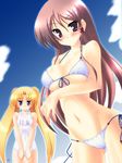  aiyoku_no_eustia bikini blonde_hair blue_eyes blush breast_envy breasts brown_eyes brown_hair cameltoe cleavage cloud covered_nipples day eris_floraria front-tie_top large_breasts licia_de_novus_yurii long_hair multiple_girls navel one-piece_swimsuit saano_chia school_swimsuit shiny shiny_skin side-tie_bikini skindentation sky string_bikini swimsuit twintails underboob white_school_swimsuit white_swimsuit 