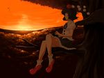  bird black_hair black_wings camera expressionless harusame_(unmei_no_ikasumi) hat in_tree looking_away profile shameimaru_aya shirt short_hair sitting sitting_in_tree skirt solo sunset touhou tree wings 