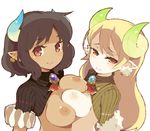  asymmetrical_docking black_hair blonde_hair blush breast_press breasts brown_eyes dark_skin demon_girl earrings horns inverted_nipples jewelry long_hair medium_breasts mota multiple_girls nipples original pointy_ears shirt_lift 