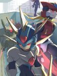  1girl 5boys absurdres adversarial_noise android arm_across_chest arm_cannon armor armored_boots black_armor black_bodysuit black_eyes black_helmet blonde_hair blue_armor blue_eyes blue_gem blue_helmet bodysuit boots brother_and_sister chest_jewel closed_eyes closed_mouth commentary_request copy_x_(mega_man) crop_top crossed_arms dark-skinned_male dark_skin dot_nose energy_sword evil_grin evil_smile facial_mark facing_away fairy_leviathan_(mega_man) fighting_fefnir_(mega_man) fingerless_gloves fins floating_hair forehead_jewel from_behind from_side frown gem gloves gold_armor green_armor green_helmet grin hand_on_own_hip head_fins head_wings helmet hidden_phantom_(mega_man) highres holding holding_sword holding_weapon horns indoors long_hair looking_at_viewer looking_back looking_to_the_side mechanical_wings mega_man_(series) mega_man_zero_(series) mega_man_zero_3 multiple_boys ninja omega_(mega_man) omega_(third_form)_(mega_man) omochi_(mochi_skymega) open_mouth parted_lips red_armor red_eyes red_helmet red_scarf sage_harpuia_(mega_man) scarf serious shoulder_armor siblings single_horn smile standing sword translation_request very_long_hair weapon white_armor white_background white_gloves wings z_saber 