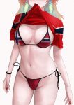  1girl bikini breasts earrings english_commentary feather_earrings feathers flag_print flag_print_bikini gradient_hair green_hair groin head_out_of_frame highres hololive hololive_english jewelry large_breasts long_hair mouth_hold multicolored_hair norwegian_flag norwegian_flag_bikini norwegian_national_soccer_team_uniform orange_hair panties print_bikini side-tie_panties simple_background soccer_uniform solo sportswear swimsuit takanashi_kiara underwear unmeidesu virtual_youtuber white_background 
