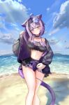  1girl absurdres ahoge animal_ear_fluff animal_ears bare_shoulders bikini bikini_skirt black_choker black_jacket blue_sky blush breasts cat_ears cat_girl cat_tail choker cleavage closed_mouth collarbone collared_shirt commentary_request frilled_bikini frills hair_between_eyes hair_intakes hato-po-ppo highres hololive jacket looking_at_viewer medium_breasts medium_hair navel nekomata_okayu one_eye_closed purple_bikini purple_eyes purple_hair shirt sky smile solo stomach sweat swimsuit tail virtual_youtuber 