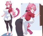  1girl :d animal_ears ankle apron barefoot black_pants breasts center-flap_bangs closed_mouth collarbone commentary double-parted_bangs english_commentary extra_ears full_body hair_intakes high-waist_pants highres hololive hololive_english large_breasts long_hair looking_at_viewer low_ponytail multicolored_hair multiple_views o-rindou5100 open_mouth panther_ears panther_girl panther_tail pants pink_hair ponytail raora_panthera red_shirt shirt shirt_tucked_in simple_background single_hair_streak smile standing streaked_hair t-shirt tail very_long_hair virtual_youtuber white_apron white_background white_streaks yellow_eyes 