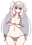  1girl arms_behind_head ass_visible_through_thighs bikini black_bikini blush breasts closed_mouth commentary_request cowboy_shot grey_hair hair_flaps hair_tubes heart highres large_breasts long_hair looking_at_viewer lowleg lowleg_bikini navel original red_eyes rokuren669 side-tie_bikini_bottom sidelocks simple_background smile solo striped_bikini striped_clothes swimsuit very_long_hair white_background white_bikini 