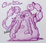  arms_up artist_name closed_eyes commentary dated english_commentary full_body garbodor highres monochrome no_humans open_mouth pokedex_number pokemon pokemon_(creature) pokemon_focus purple_theme sharp_teeth solo teeth traditional_media white_background zerokirbyarts 