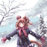  1girl animal_ears aston_machan_(umamusume) blue_coat blush breasts brown_hair buttons closed_eyes closed_mouth coat commentary_request crown double-breasted gloves hair_between_eyes highres horse_ears horse_girl horse_tail large_breasts long_sleeves mini_crown outdoors pink_gloves pink_scarf purple_serafuku purple_skirt red_scrunchie scarf school_uniform scrunchie serafuku shirt skirt smile snow snowing solo tail tracen_school_uniform tracen_winter_coat umamusume winter_clothes winter_coat winter_uniform yuki_mi_daifuku 