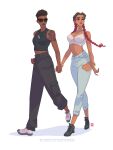  2girls afro apex_legends bangalore_(apex_legends) black_boots black_hair black_lips black_pants blue_pants boots bra bracelet braid breasts cropped_shirt dark-skinned_female dark_skin denim dog_tags eyeshadow frown hair_behind_ear highres holding_hands jeans jewelry joong_beak loba_(apex_legends) long_hair looking_to_the_side makeup medium_breasts midriff multiple_girls necklace pants parted_lips pink_shoes red_eyeshadow red_lips red_nails shirt shoes simple_background sleeveless sleeveless_shirt sneakers sunglasses torn_clothes torn_pants twin_braids underwear white_background white_bra yuri 
