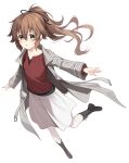 1girl adapted_costume black_socks blush brown_hair coat commentary_request cosplay eiyuu_densetsu green_eyes hakuleg highres kai_no_kiseki kuro_no_kiseki_(series) long_hair low_ponytail open_mouth ponytail rean_schwarzer rean_schwarzer_(cosplay) red_shirt sen_no_kiseki_(series) shirt socks towa_herschel white_background 