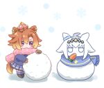  1girl ahoge animal_ears blue_coat blue_scarf brown_mittens carrot character_snowman coat commentary_request crown grey_hair hair_between_eyes horse_ears horse_girl horse_tail long_sleeves mini_crown mittens mokuroo oguri_cap_(umamusume) orange_hair pink_crown pink_scarf purple_eyes purple_skirt purple_thighhighs scarf short_hair skirt snow snowball snowman solo t.m._opera_o_(umamusume) tail thighhighs tracen_winter_coat umamusume winter_clothes winter_coat winter_uniform 