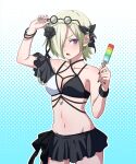  1girl arm_at_side armband armpits bare_arms bare_legs bare_shoulders beads bikini black_bikini black_flower black_ribbon blonde_hair bracelet breasts cleavage collarbone commentary_request dotted_background earrings eyewear_lift facing_viewer flower food frilled_armband frilled_bikini frills gradient_background hair_flower hair_ornament hair_over_one_eye hair_ribbon hand_up highres holding holding_food holding_popsicle jewelry looking_to_the_side love_live! love_live!_nijigasaki_high_school_idol_club love_live!_series_official_card_game medium_breasts mia_taylor multi-strapped_bikini_top multicolored_bikini multiple_bracelets musical_note musical_note_hair_ornament nail_polish navel open_mouth popsicle purple_eyes ribbon sawa_(triangle_konkon) short_hair single_earring solo stomach sunglasses swimsuit 
