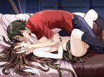  1boy 1girl am-dvl black_hair couch creepy_manor dressed_man eyes_closed kiss kissing kurohime_(spd) lying skirt thighhighs topless wakamiya_seiya 